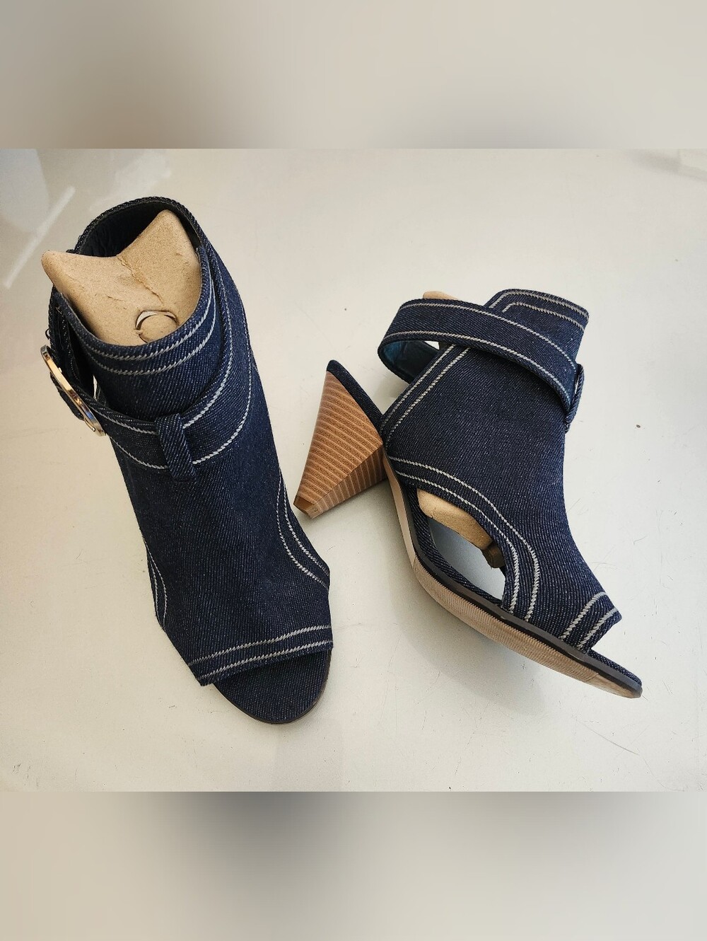 C Est. 1946 Denim Open-Toe Heeled Sandals - Dark Blue
